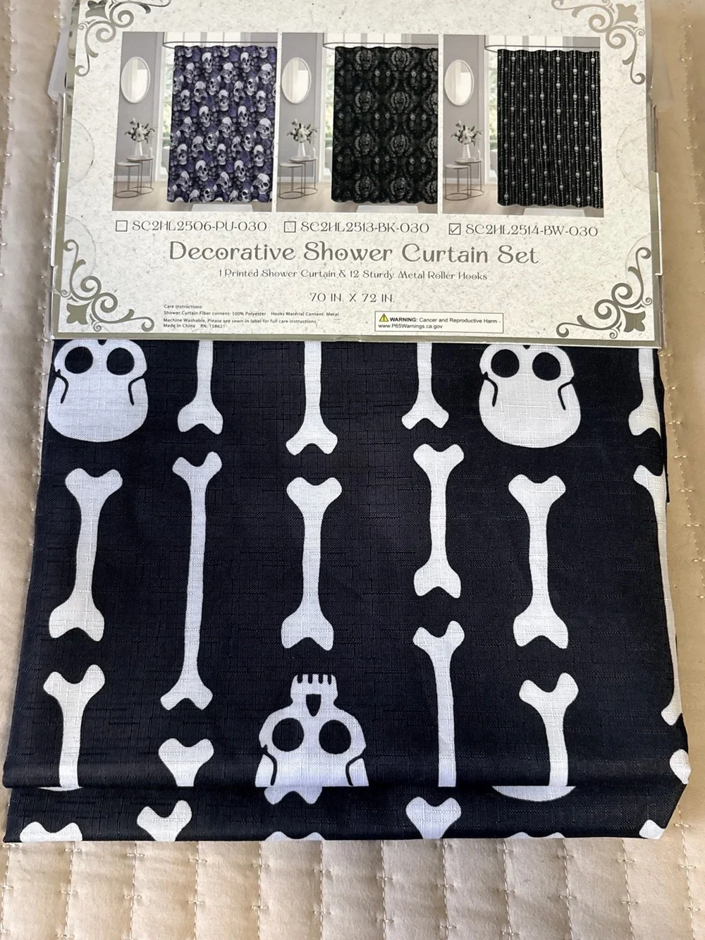 NWT Summerween Skull & Bones Decorative Shower Curtain Set - Black and White
